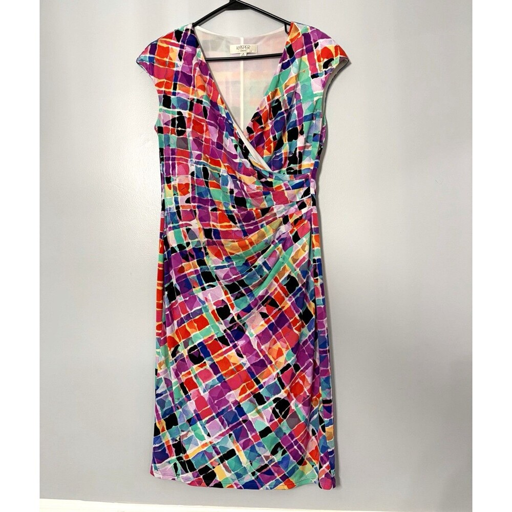 Kasper Women’s Multicolor Abstract Ruched Sheath Dress V-Neck Cap Sleeve size 6